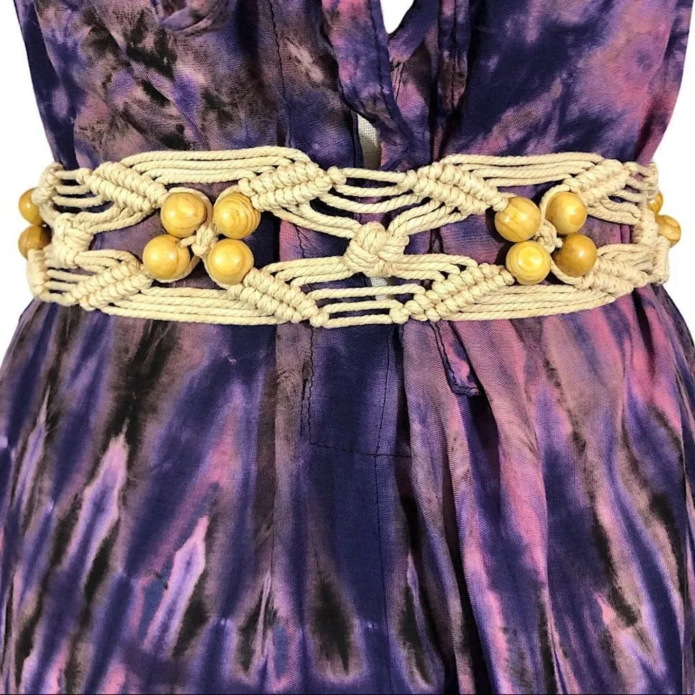 Vintage 70’s Macrame Bohemian Braided Rope Belt with Wood Beads